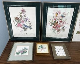 Large selection of framed artwork, many with bird theme.