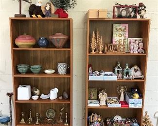 Pair of nice bookcases; lots of nice Christmas, pottery and home décor.