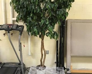 Large artificial ficus tree; dog carrier/crate w/accessories.
