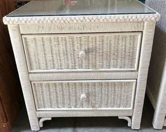 Glass-top wicker side table/small chest of drawers.