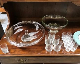 Nice selection of glassware including cake plate and glasses.