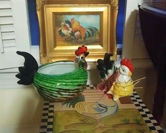 large selection of decorative chicken items