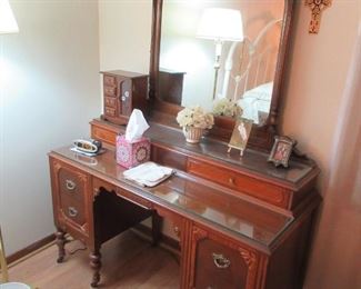 ASKING $500.00 FOR ALL 3 PIECE ANTIQUE BEDROOM SET, DRESSING TABLE WITH STOOL, TALLBOY DRESSER, AND LADIES DRESSER WITH MIRROR