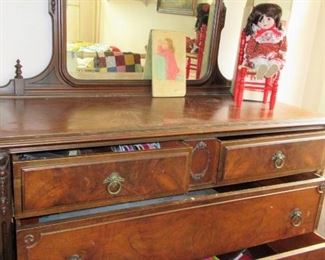 ASKING $500.00 FOR ALL 3 PIECE ANTIQUE BEDROOM SET, DRESSING TABLE WITH STOOL, TALLBOY DRESSER, AND LADIES DRESSER WITH MIRROR