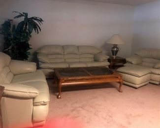 Entire Leather Living rm set $950 includes sofa, love seat, chair and ottoman, coffee table, 2 end tables and 2 lamps