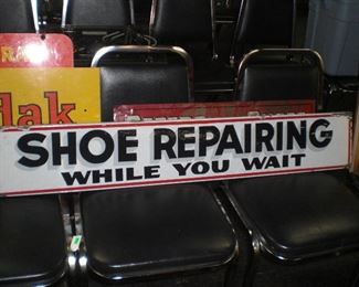 3' porcelain Shoe repairing while you wait sign