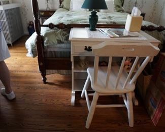 White wood desk and chair, lamp