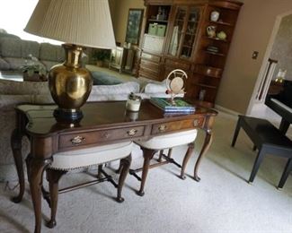 piano NOT. For SALE,  brass lamp, console table w/Stools 