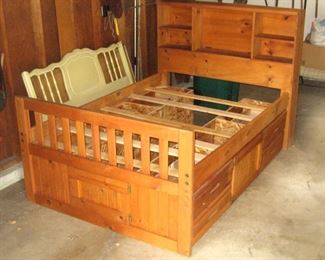 Wood Bed Frame with Storage Bookcase Headboard, Sneak through Middle Area for Kids to Play