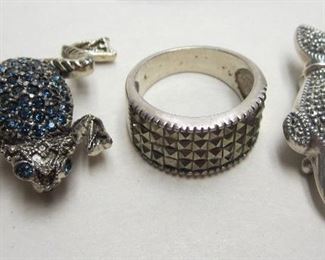 Sterling ring, sterling cat pin, and metal frog pin.  All encrusted with rhinestones