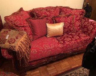 Pair of red and gold brocade sofas