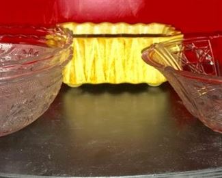 Pair of identical pressed pattern glass bowls, vintage "loaf" size baker, paneled pattern glass bowl