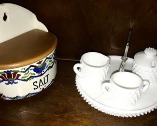 Milk glass serving tray w/sugar and creamer, hanging salt box marked Czechoslovakia