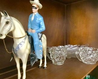 Vintage Lone Ranger plastic figure, patterned glass