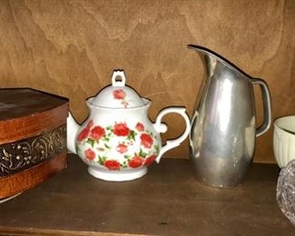 Wooden box, teapot, pewter pitcher marked made in England,, vintage white serving bowl, lidded crystal jar