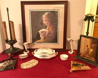 Framed art, antique/vintage table lamps, fans, beaded purse labeled "Byle Jule" , cornucopia vases marked FF, small footed bowl marked MZ Austria, small bowl marked Germany, covered tureen marked Maytime Pattern S.C.Company Martha Washington