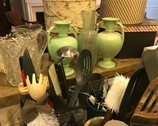 Various kitchen items, beautiful pattern glass jug, pair of vintage Haeger pottery green vases, vintage hat boxes (w/hats!)