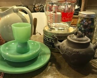 FireKing jadite plates and cup, vintage white pitcher, Tetley tea bag tin, Asian teapot, more