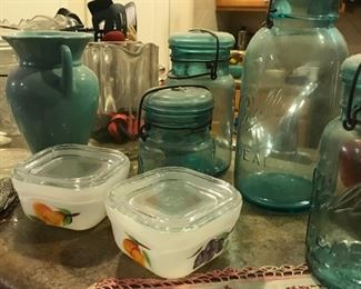 Vintage Teal Pfaltzgraff York Vase, various blue mason jars, lidded Fire King peach ovenware, more