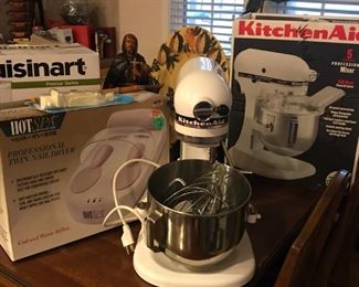 Kitchen Aid mixer in box, Hotspa Professional Twin Nail Dryer in box, large painted platter