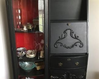 Fold-down writing desk/display case combo, vintage & antique glass and china