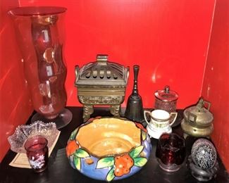Opalescent glass, cranberry cameo glass toothpick holder, other items