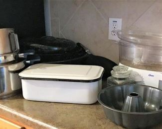 Cookware, enamel pans, Oster slow cooker, bundt pan