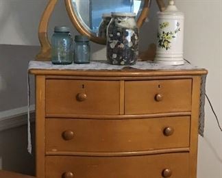 Birdseye Maple tall, mirrored dresser, lamp, blue mason jars, large jar of buttons