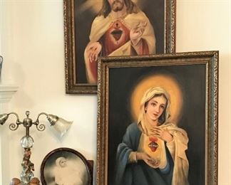 Sacred Heart representative pictures by Anna Dugan and Dixie Dugan, vintage table lamp, busts, linens