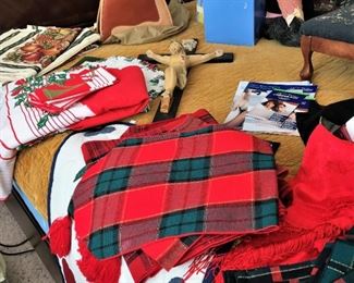 Christmas and other holiday linens, hat, crucifix