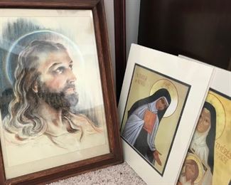 Framed "Jesus" picture, beautiful unframed saints prints one from Carmelite Monastery