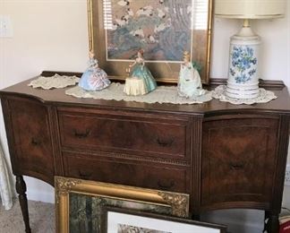 Elegant sideboard, Asian print, Josef originals figurines, table lamp, Framed art, snowy landscape signed Sister M.James
