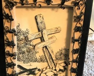 Mixed media dimensional cross art signed Beki "72