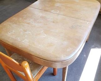 Mid-Century modern Table that needs TLC and four colorful Chairs