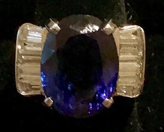 13.+ct Tanzanite with baguette diamonds set in 14 K gold