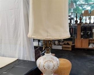 (2) Matching Gold painted white glass lamps with brass cherubs & original shades
