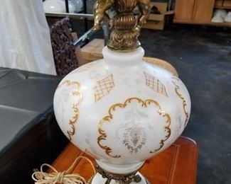 (2) Matching Gold painted white glass lamps with brass cherubs & original shades