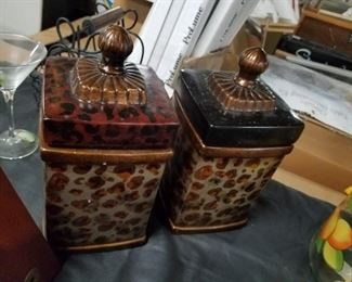 (2) matching animal print ceramic canisters