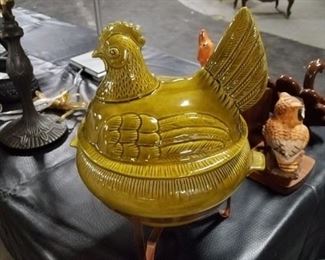 Green ceramic hen/chicken bowl on copper holder