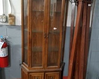 Lighted Wood Curio cabinet with glass shelves & bottom storage