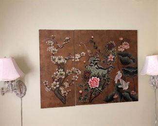 3 panel asian art panels and hanging wall lamps