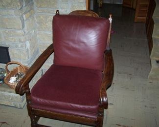 1930s OAK ARMCHAIR WITH BURGUNDY LEATHER CUSHIONS--PART OF A SET, NOT SOLD SEPARATELY