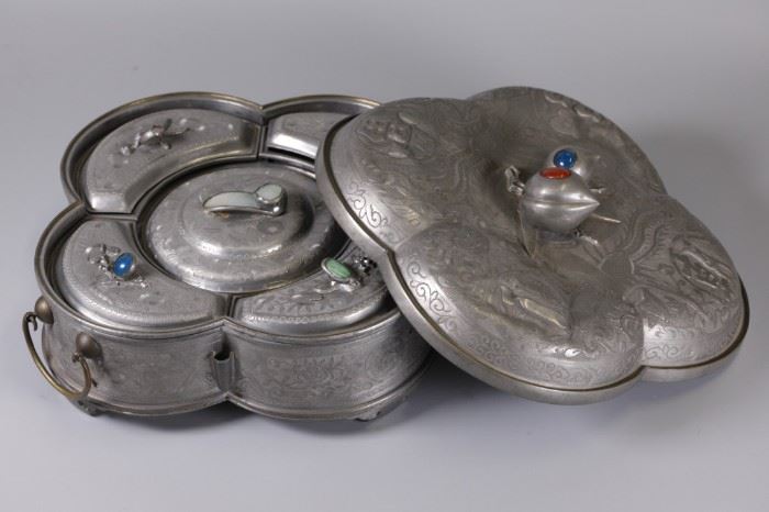 Chinese pewter fruit box w/ cover, possibly 19th c.