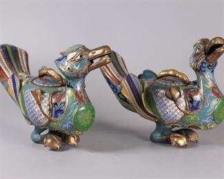 pair of Chinese cloisonne duck form censers