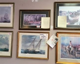 Variety of prints, lithographs, oils, and more.  Lower right: "New Mexico Indians" by Oscar Berninghaus, print 283/450 (original hangs in Missouri Athletic Club, downtown St. Louis). Lower center: "Challenge to Windward," limited edition print (192/500) signed by Kipp.