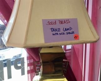 Solid brass table lamp with silk shade; also varied floor and table lamps