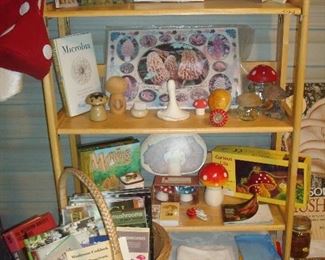 Screened Porch: Mushroom books, place mats, brushes, figures, puzzles, an embroidered mushroom pillow case, and mushroom napkins are shown.