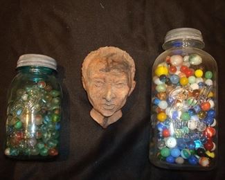 Family Room: Lost your head AND your marbles?? We have replacements! Two vintage BALL jars with vintage marbles flank a clay head.