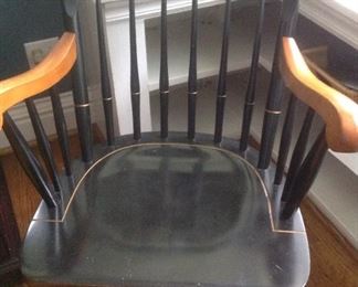 Sun Room/Office: A black "Tufts University" chair has back spindles and natural color wooden arms.
