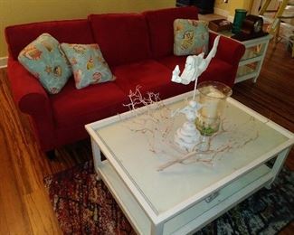 Comfy Haverty's Red Sofa, Coordinating Coffee & End Table